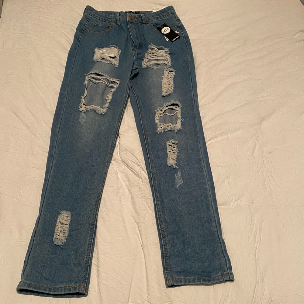 distressed high rise mom jeans
